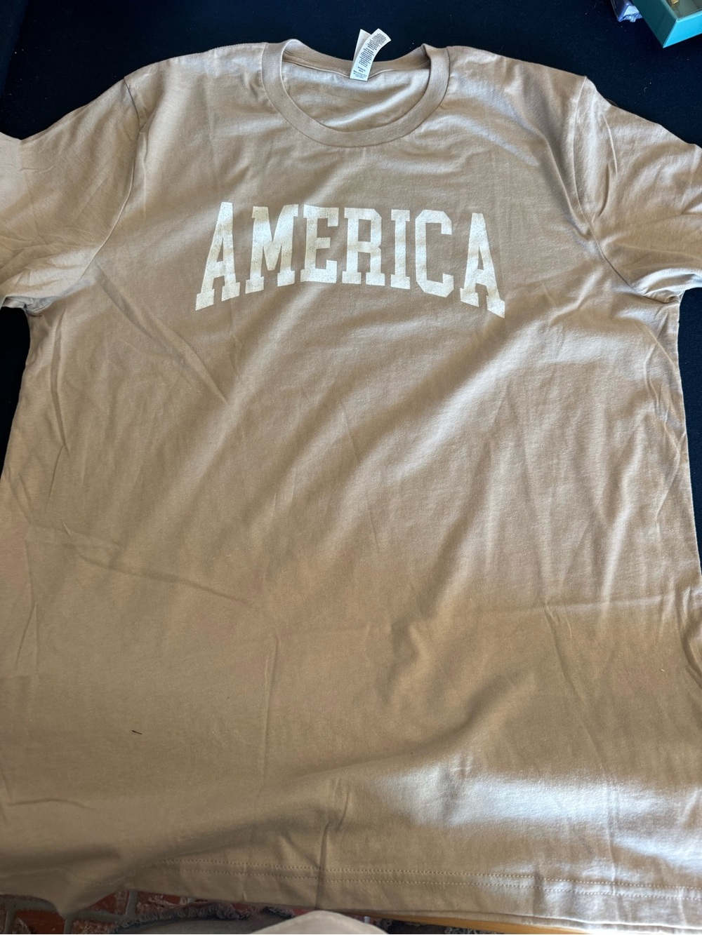 Bella Canvas tan Crewneck Tee with AMERICA Graphic in white- unisex,Nuetral &🇺🇸!
